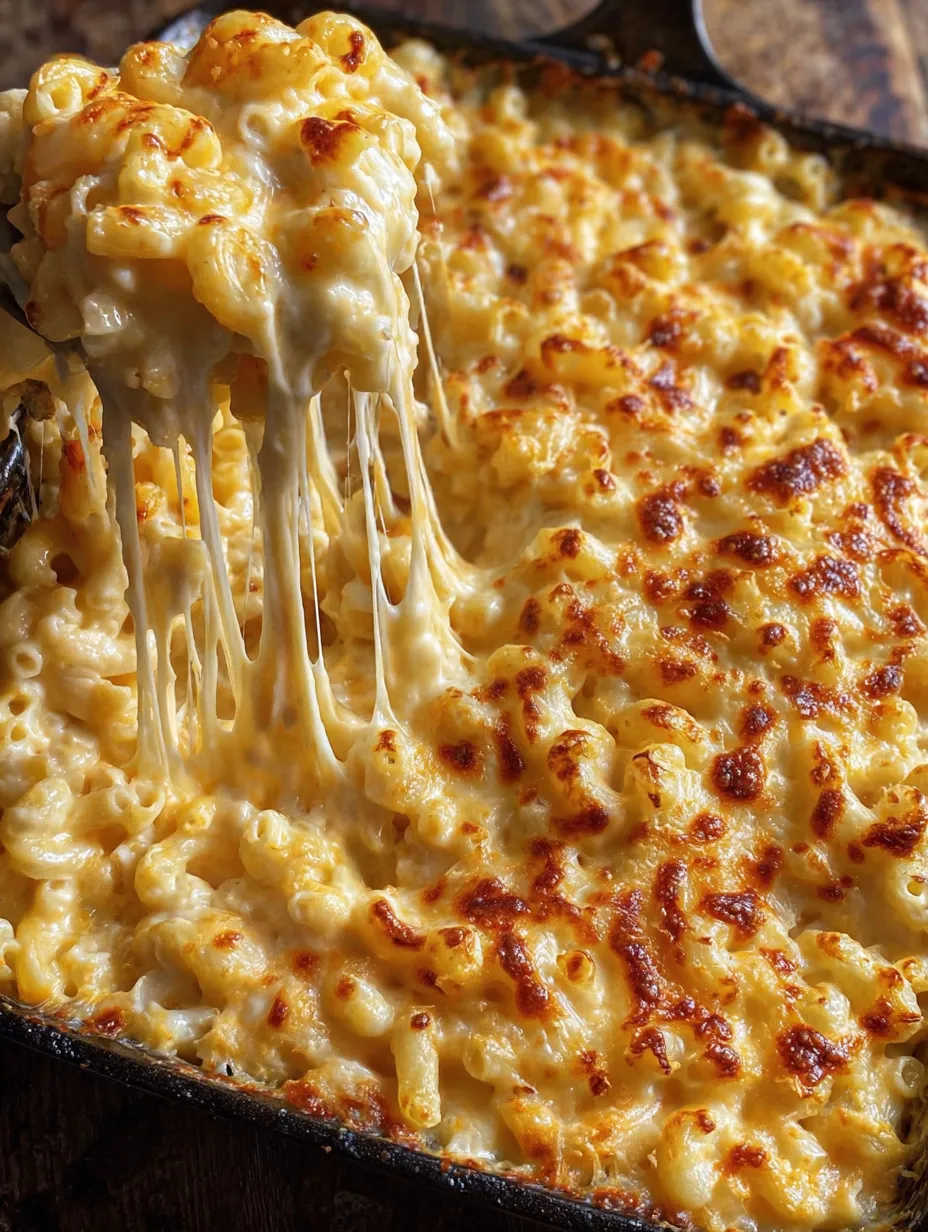 Close-up view of cheesy baked macaroni.
