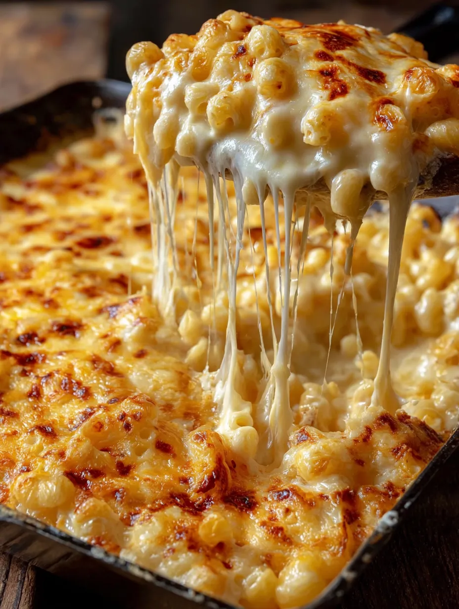 Baked macaroni and cheese in a pan.