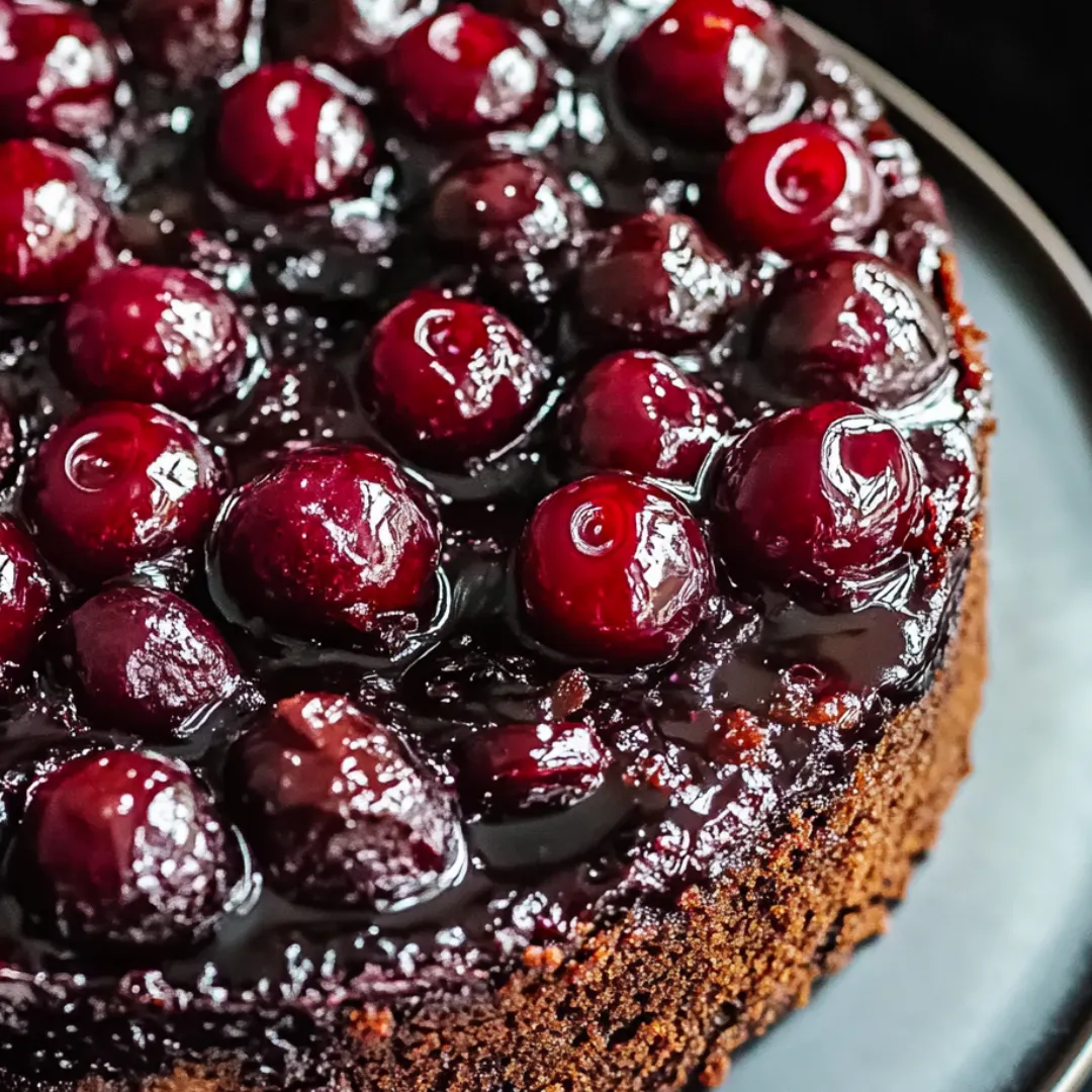 A slice of chocolate cake with cherries on top.