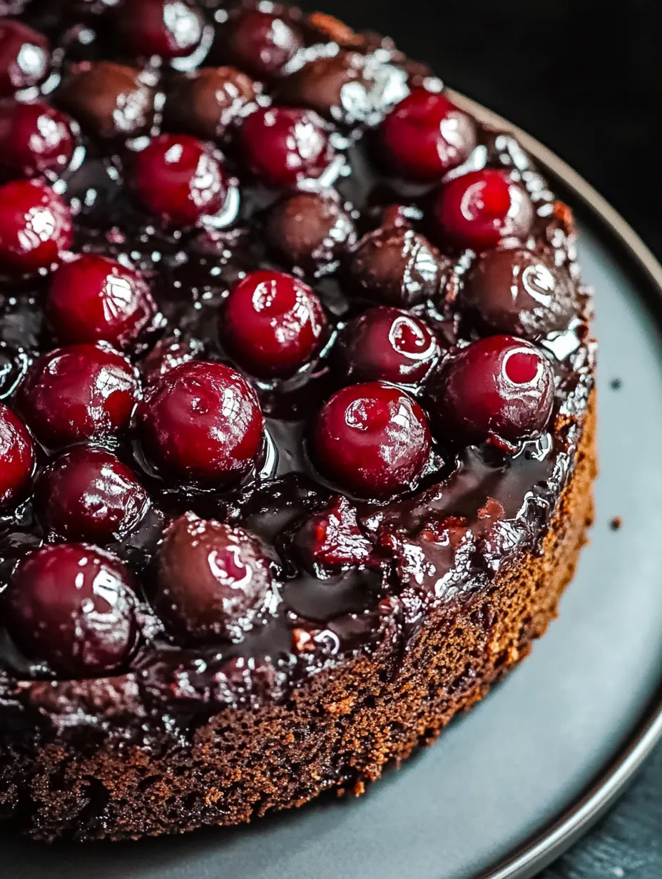 A slice of chocolate cake with cherries on top.