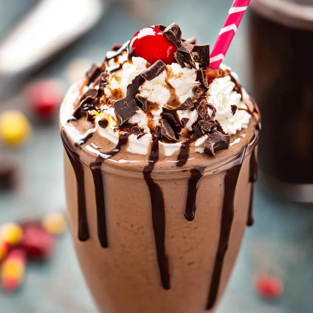 A chocolate milkshake with a cherry on top.
