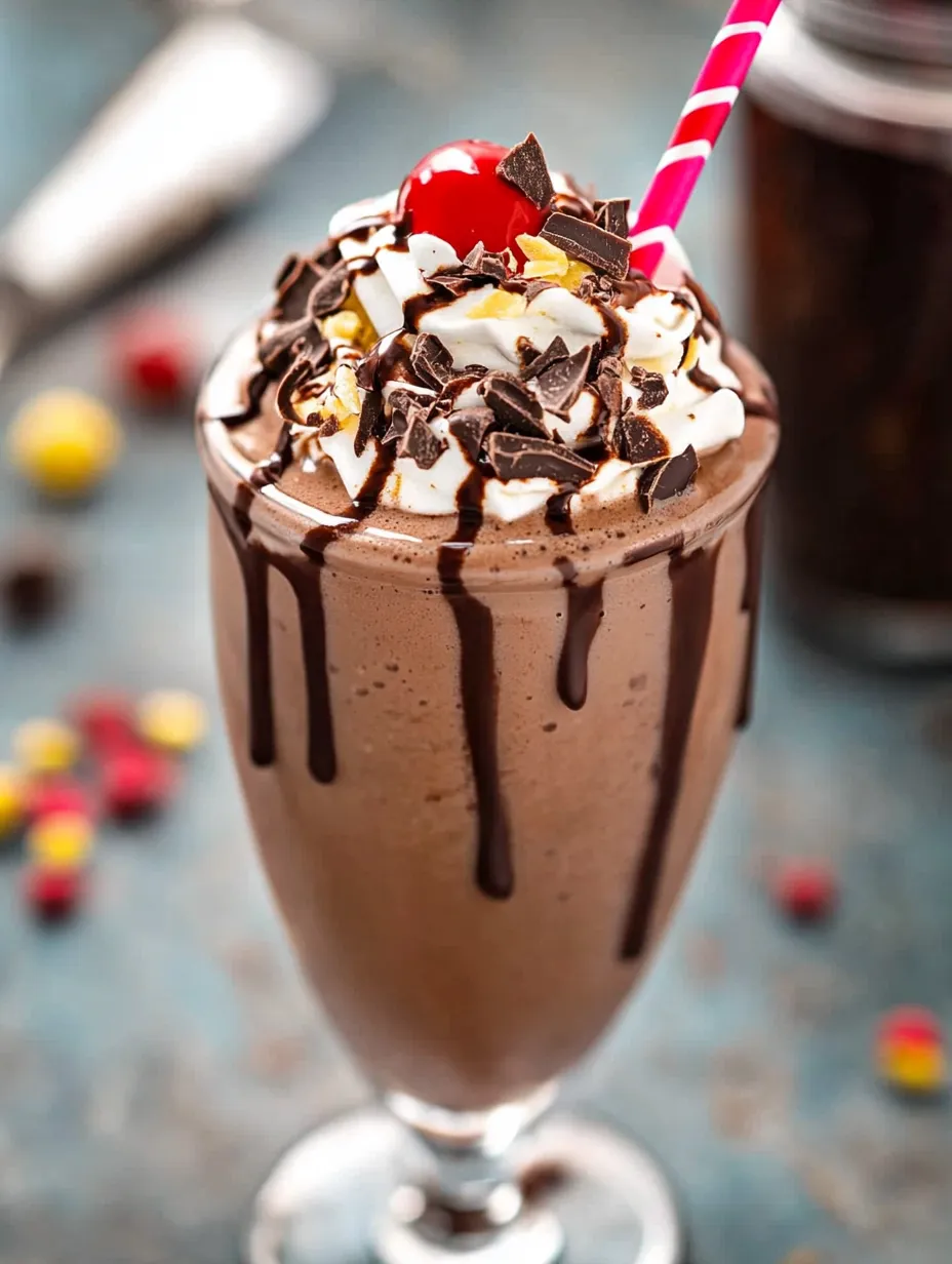 A glass of chocolate milk with a cherry on top.