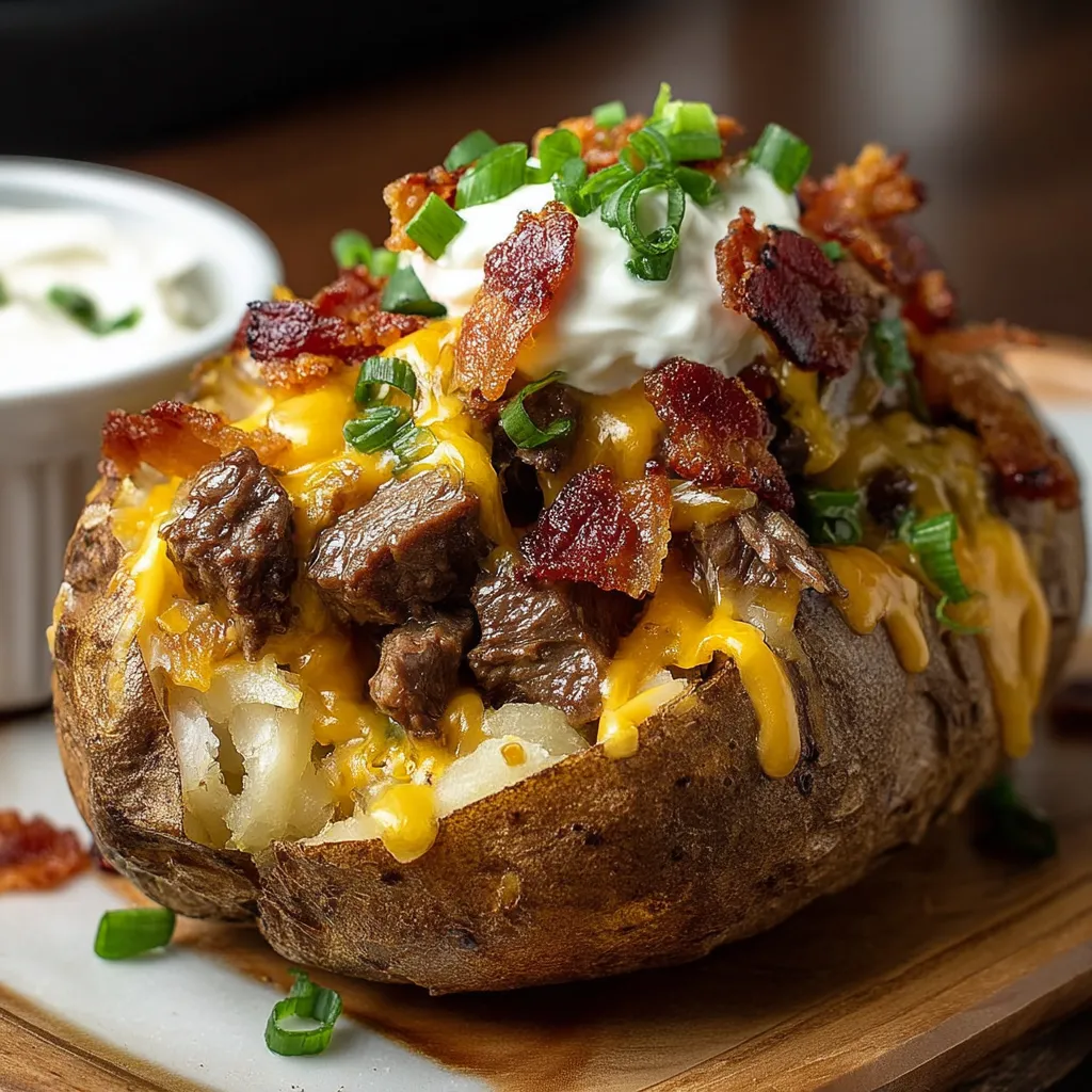 Close look at a potato loaded with bacon and cheese.