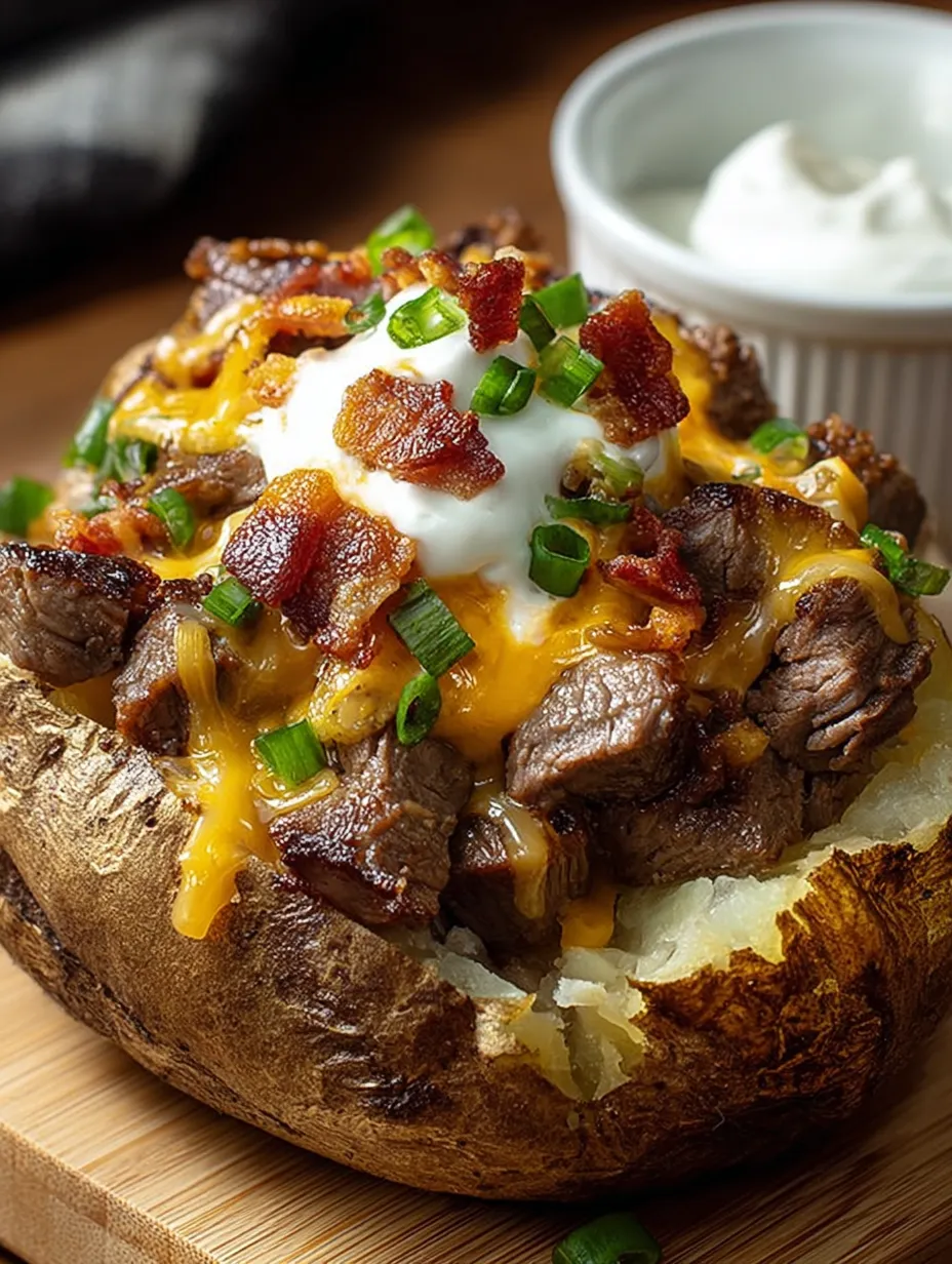 Close shot of a potato packed with bacon and gooey melted cheese.