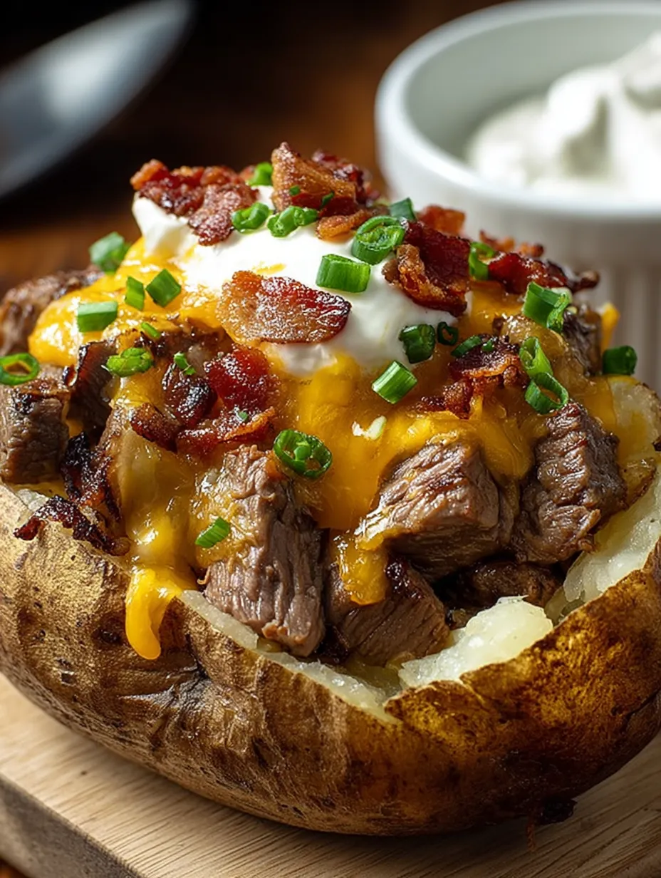 Potato stuffed with steak that's wrapped in bacon, up close.