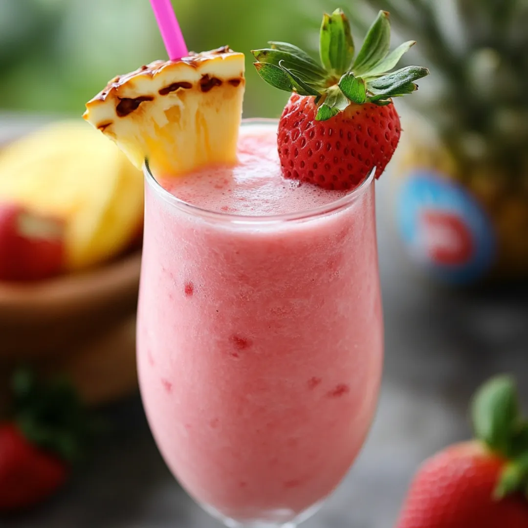 A glass of pink drink with a pineapple wedge and strawberry on top.