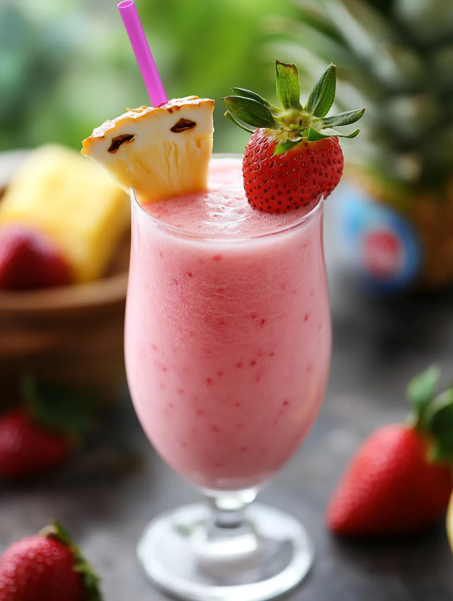 A glass of pink drink with a slice of pineapple and a strawberry on top.