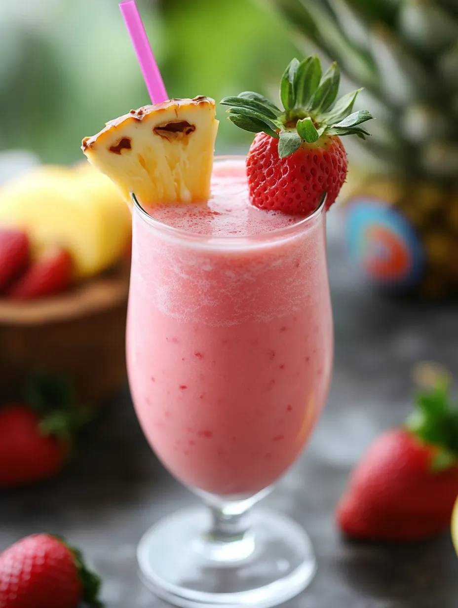 A glass of pink drink with a slice of pineapple and a strawberry on top.