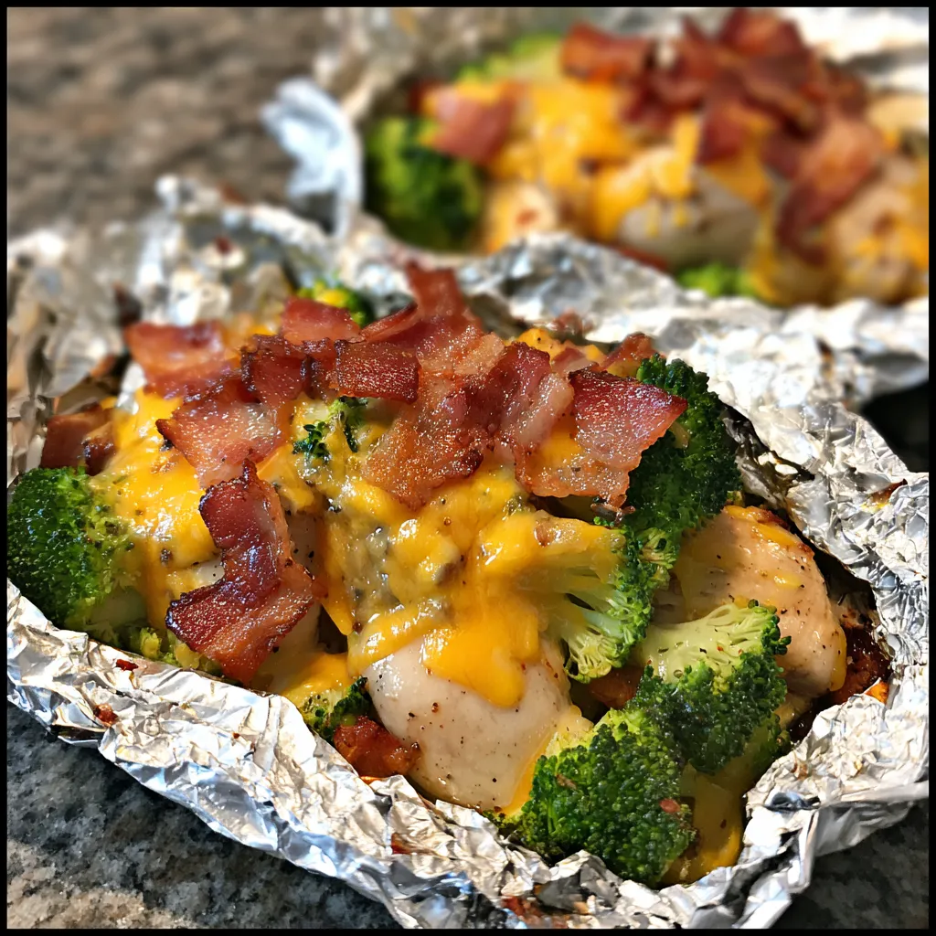 Foil-wrapped chicken, bacon, and broccoli dinner.