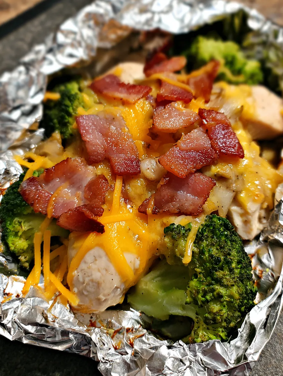 Bacon and broccoli sitting on foil on a plate.