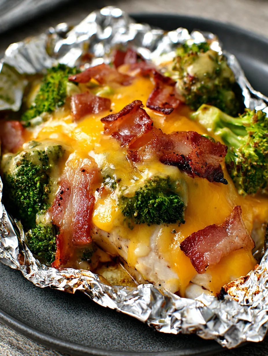 Foil-wrapped food with bacon and broccoli inside.