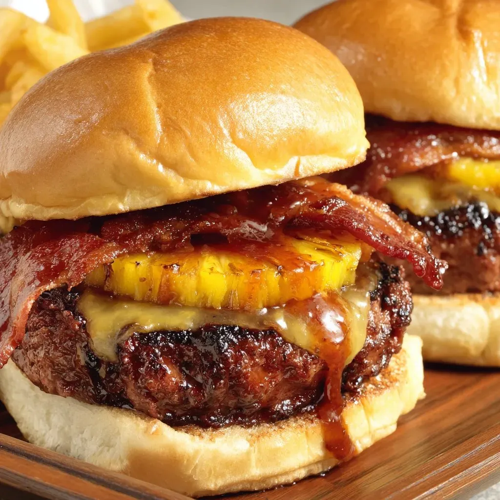 Two hamburgers loaded with bacon, pineapple, and sauce.
