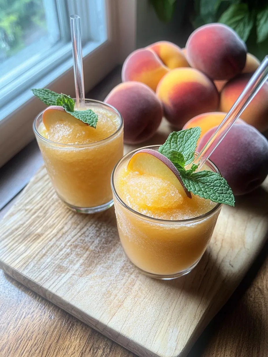 Two glasses of peach juice with mint leaves on a wooden table.