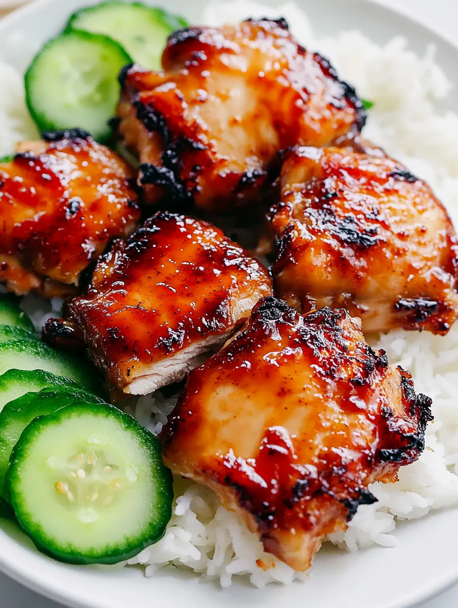 A plate of rice and grilled chicken with cucumbers on the side.