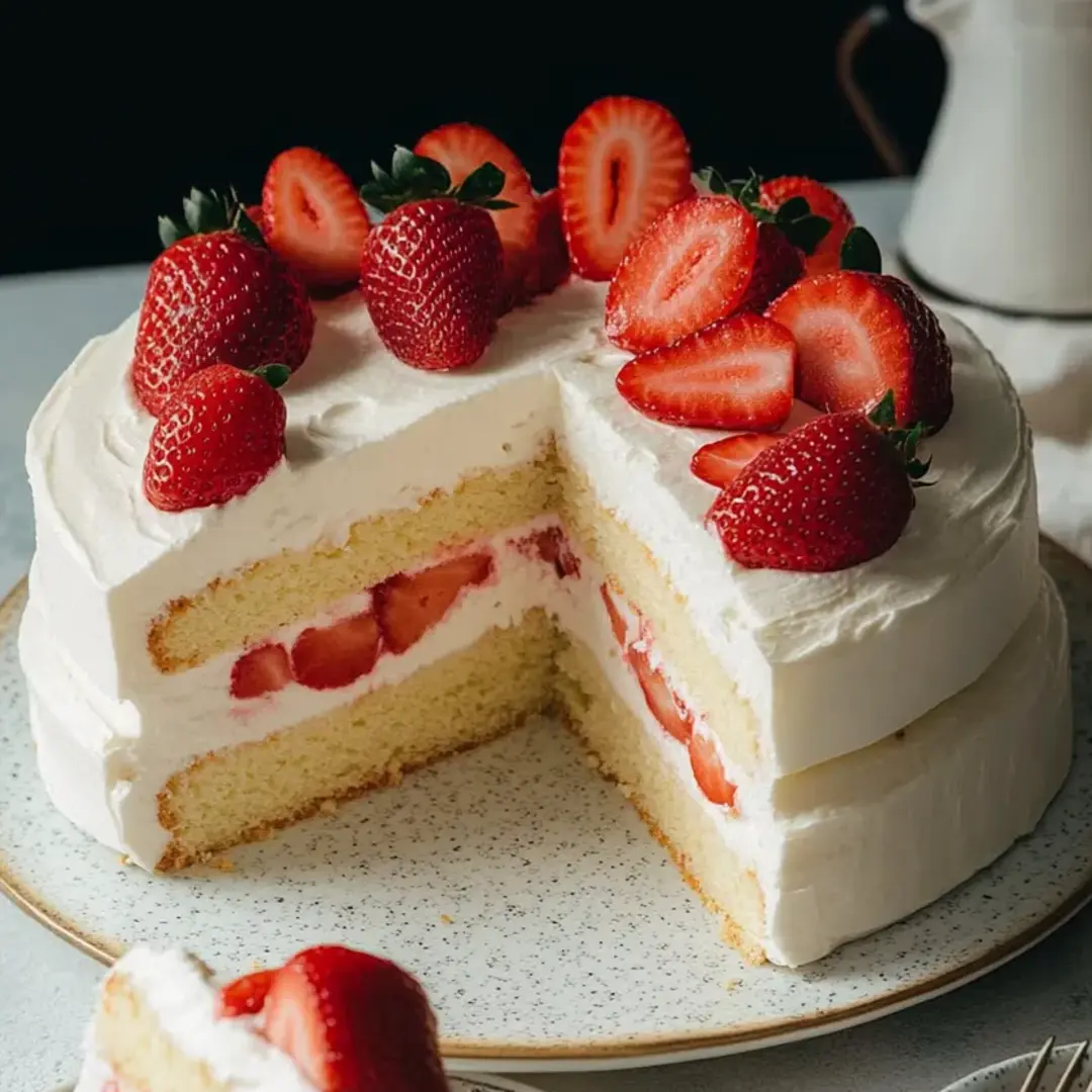 A slice of cake with strawberries on top.