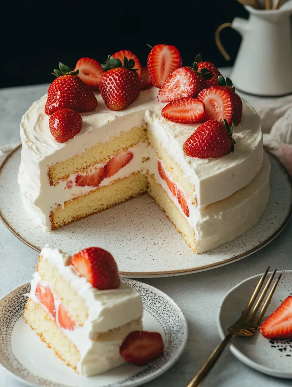 A slice of cake with strawberries on top.