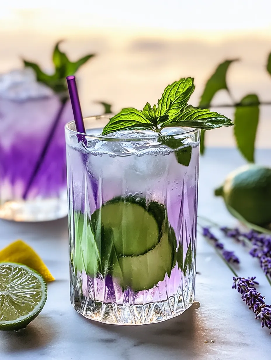 A glass of purple drink with a mint garnish.