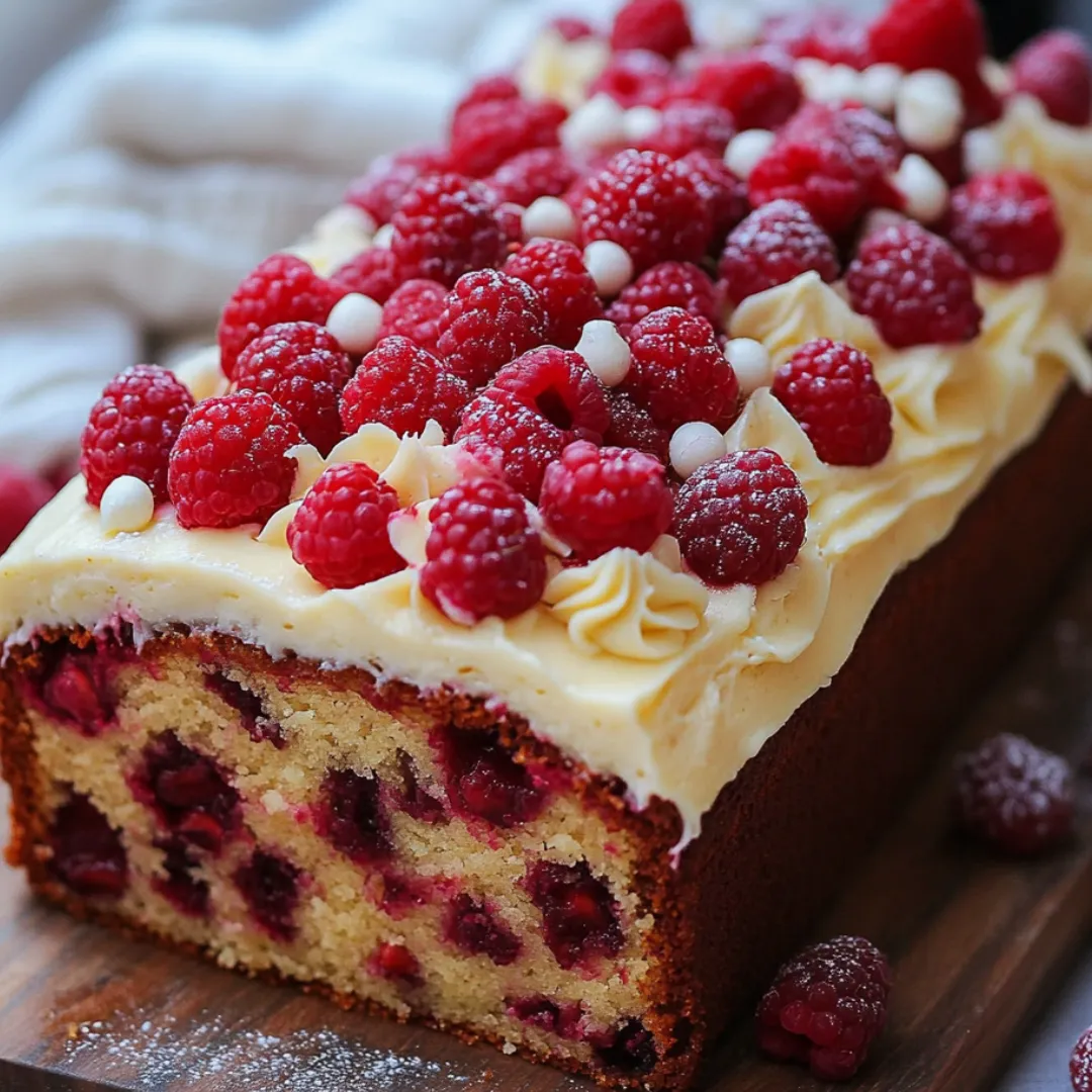 A slice of cake with white frosting and raspberries on top.