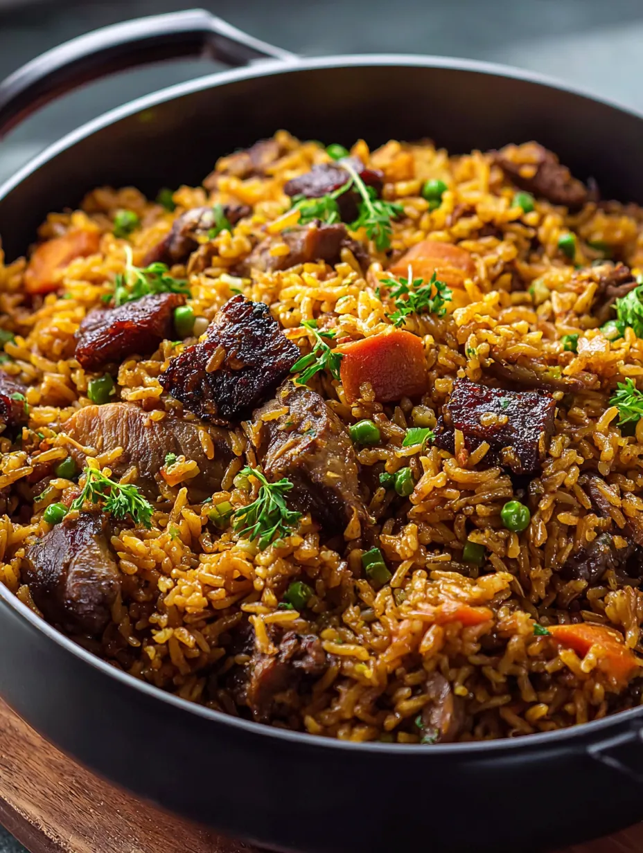 A bowl of rice with meat and peas.