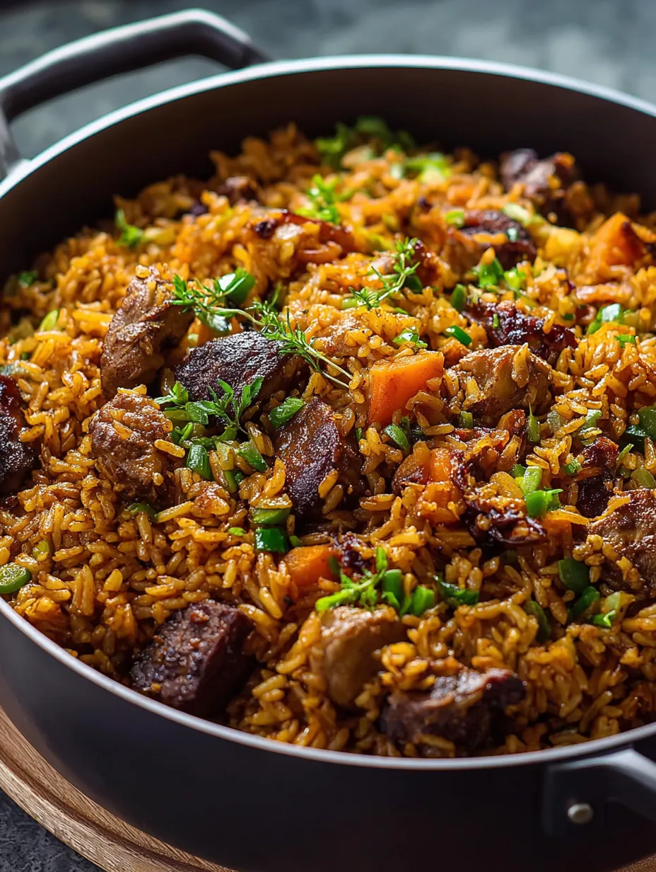 A bowl of rice with meat and vegetables.