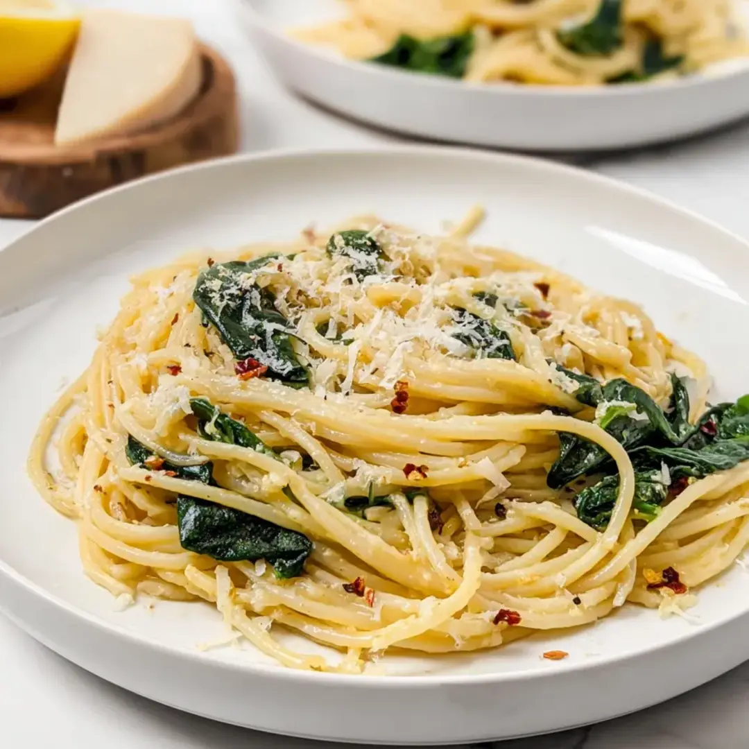 Spaghetti with lots of spinach and melty cheese on a plate.