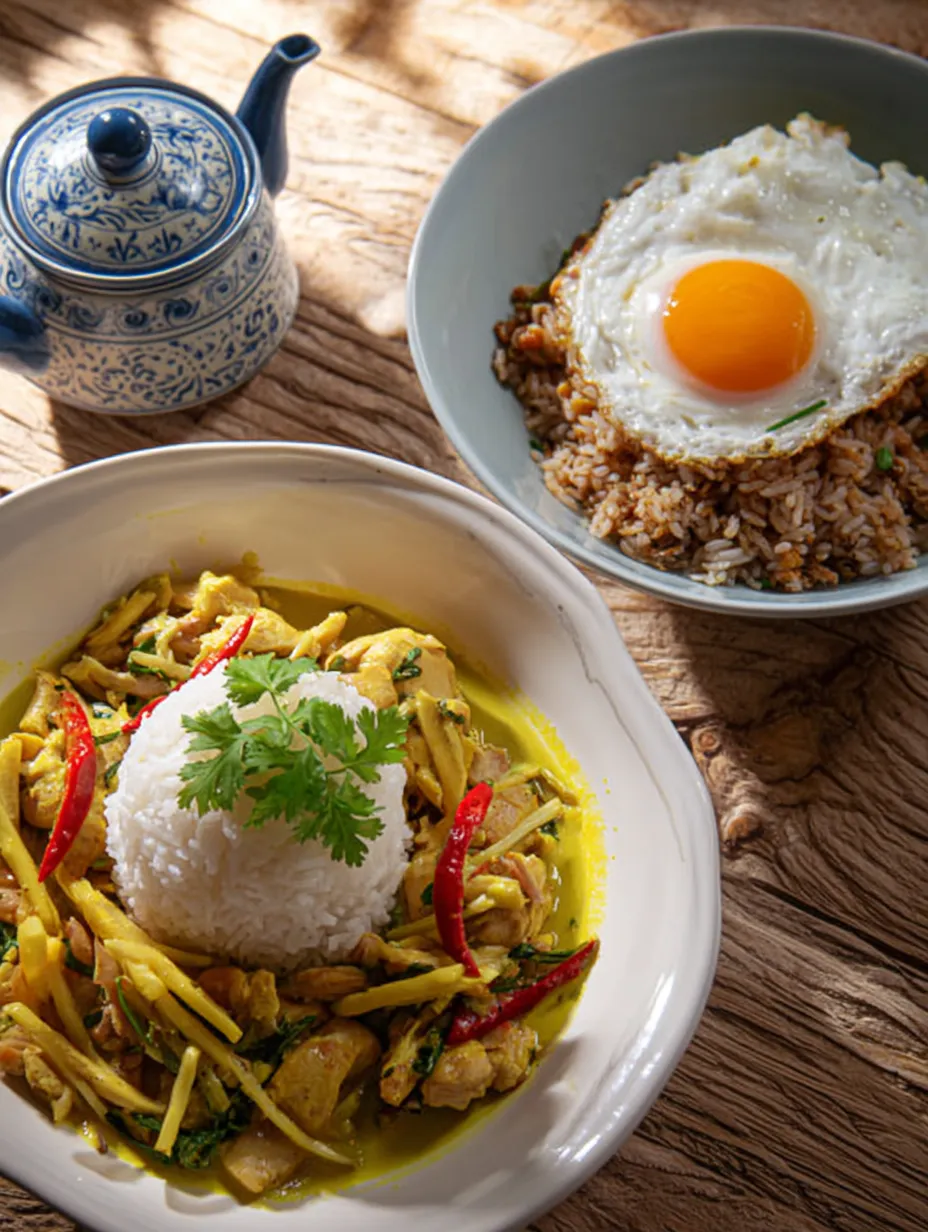 A plate stacked with rice and a soft cooked egg.