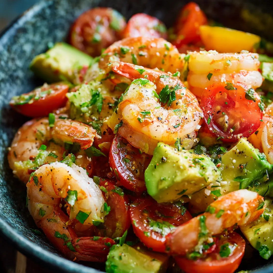 A bowl of shrimp and tomatoes.