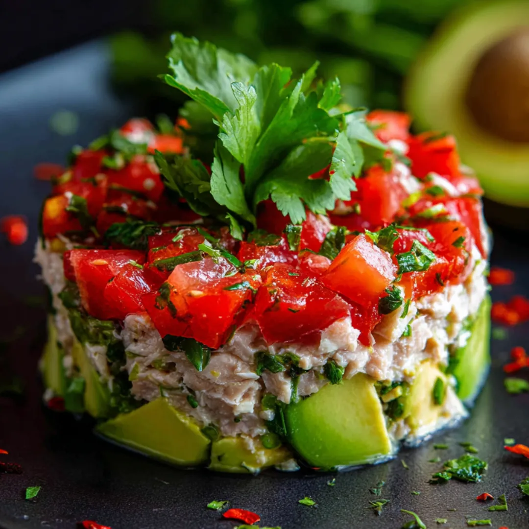 A plate of food with tomatoes, avocado, and cilantro.