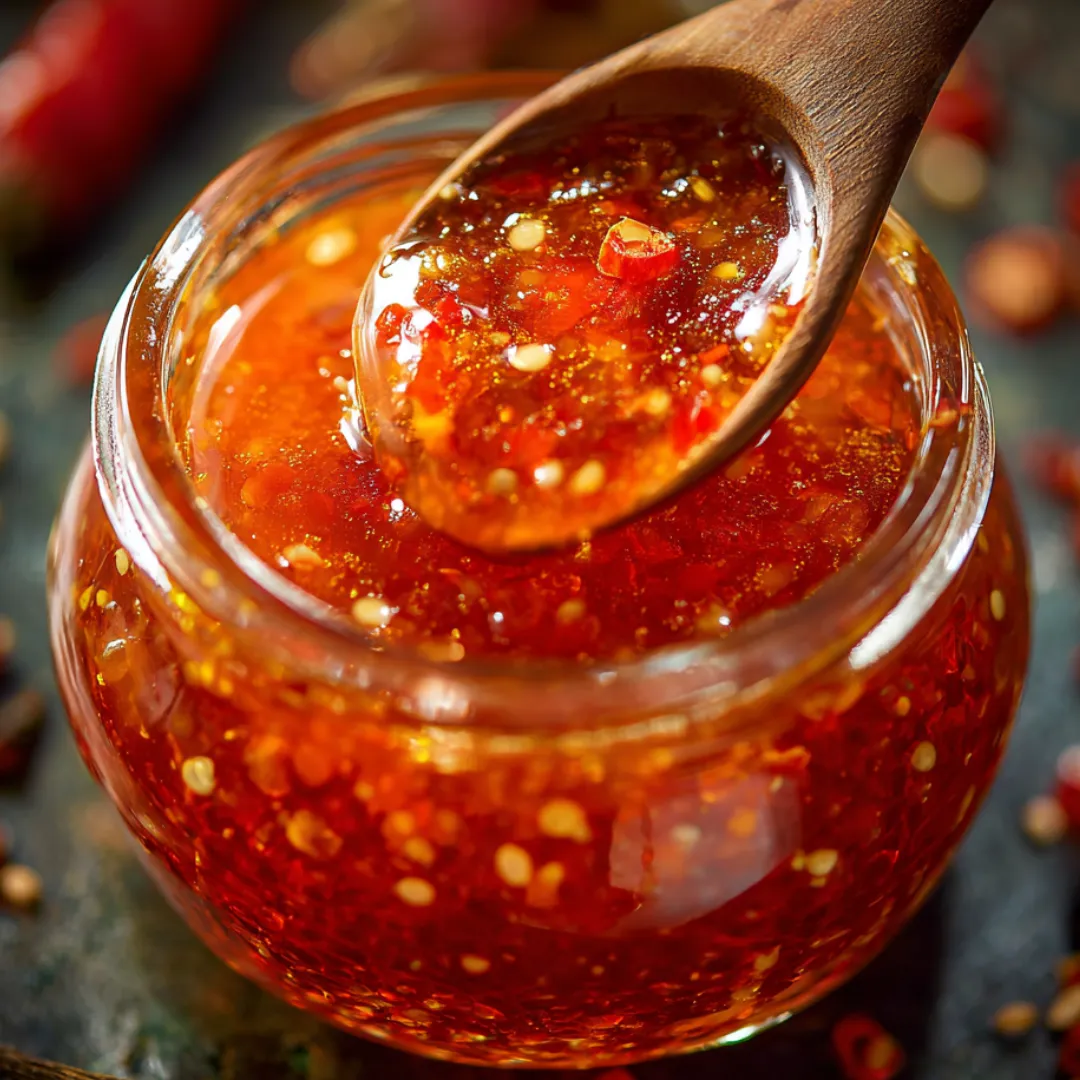 A wooden spoon is in a jar of red pepper jelly.