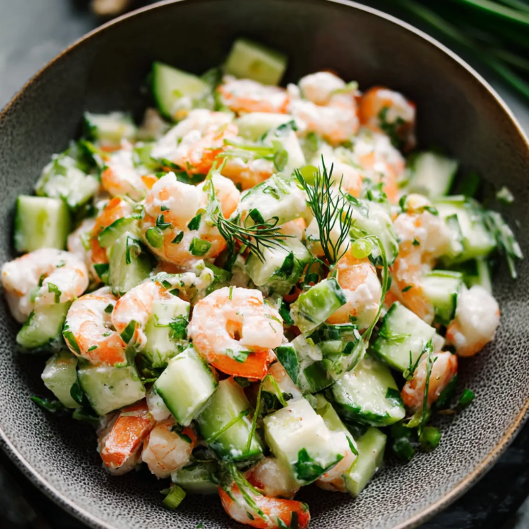 A bowl of shrimp salad with cucumbers and herbs.