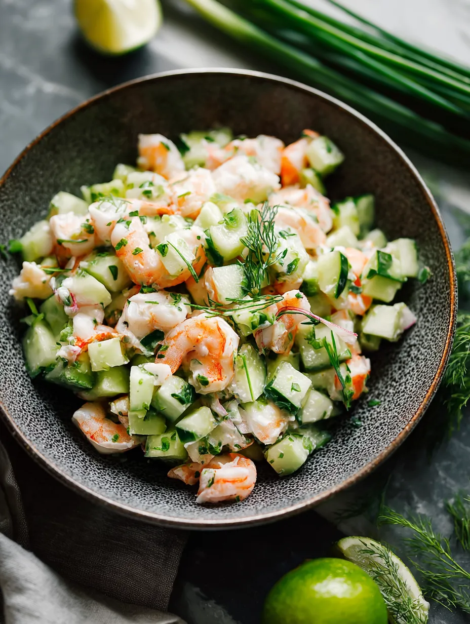 A bowl of shrimp salad with cucumbers and herbs.