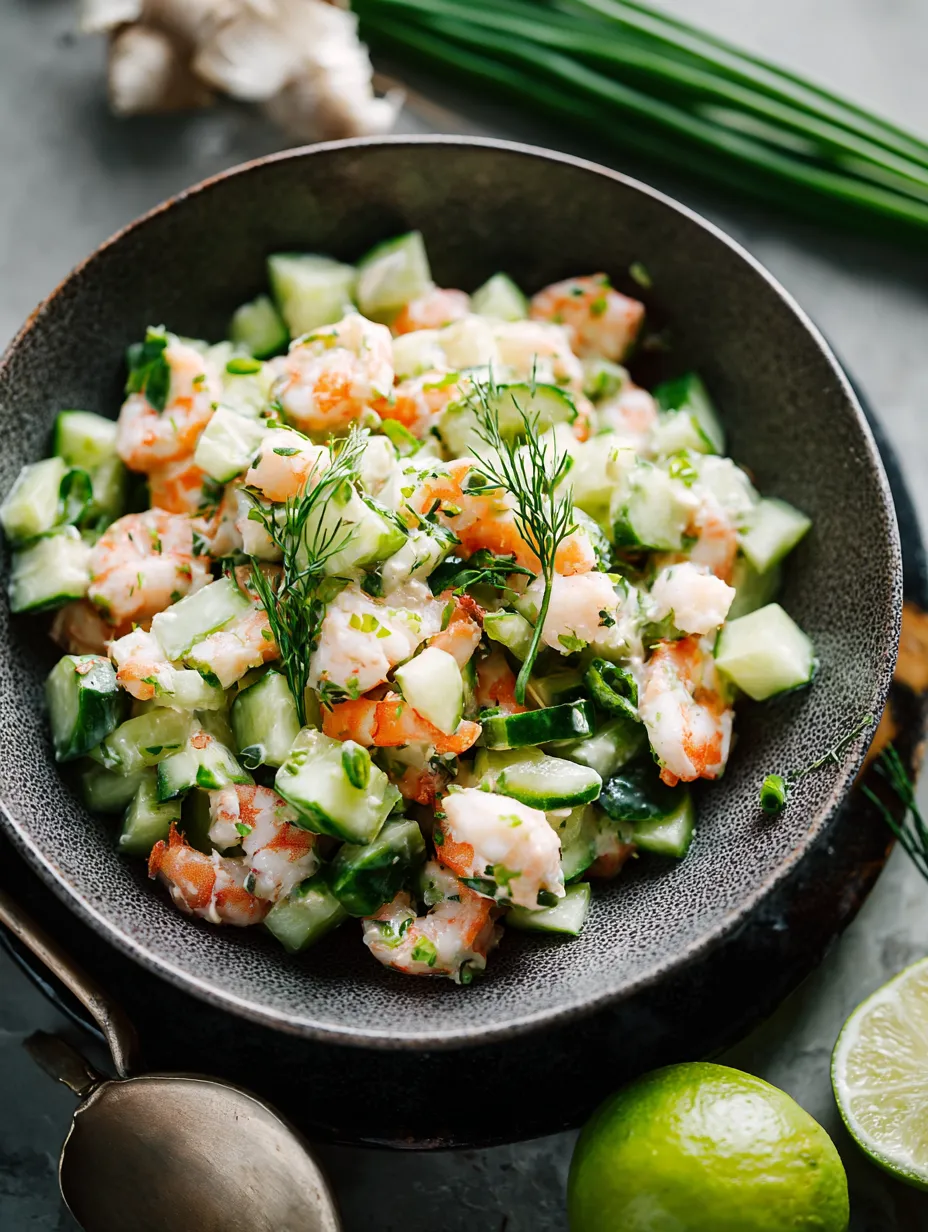 A bowl of shrimp salad with cucumbers and herbs.