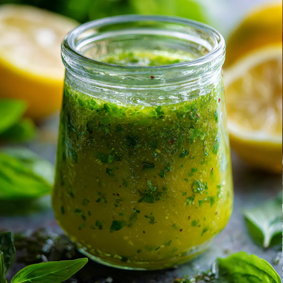 A glass of green liquid with a lemon wedge in it.