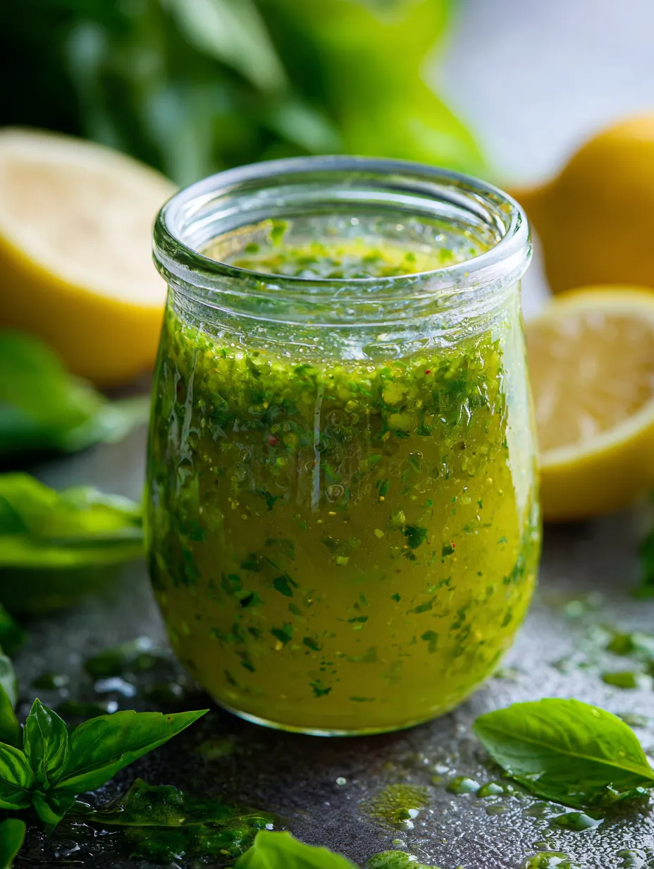 A glass jar of green sauce with a lemon wedge on top.