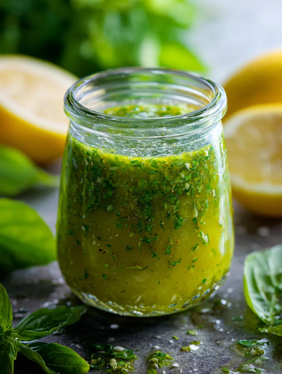 A jar of green sauce with lemon slices.