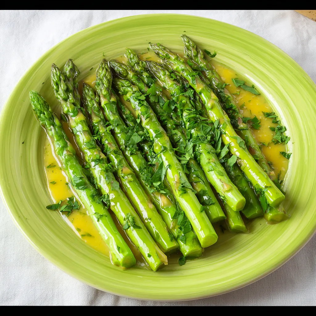 A plate of green asparagus with sauce.