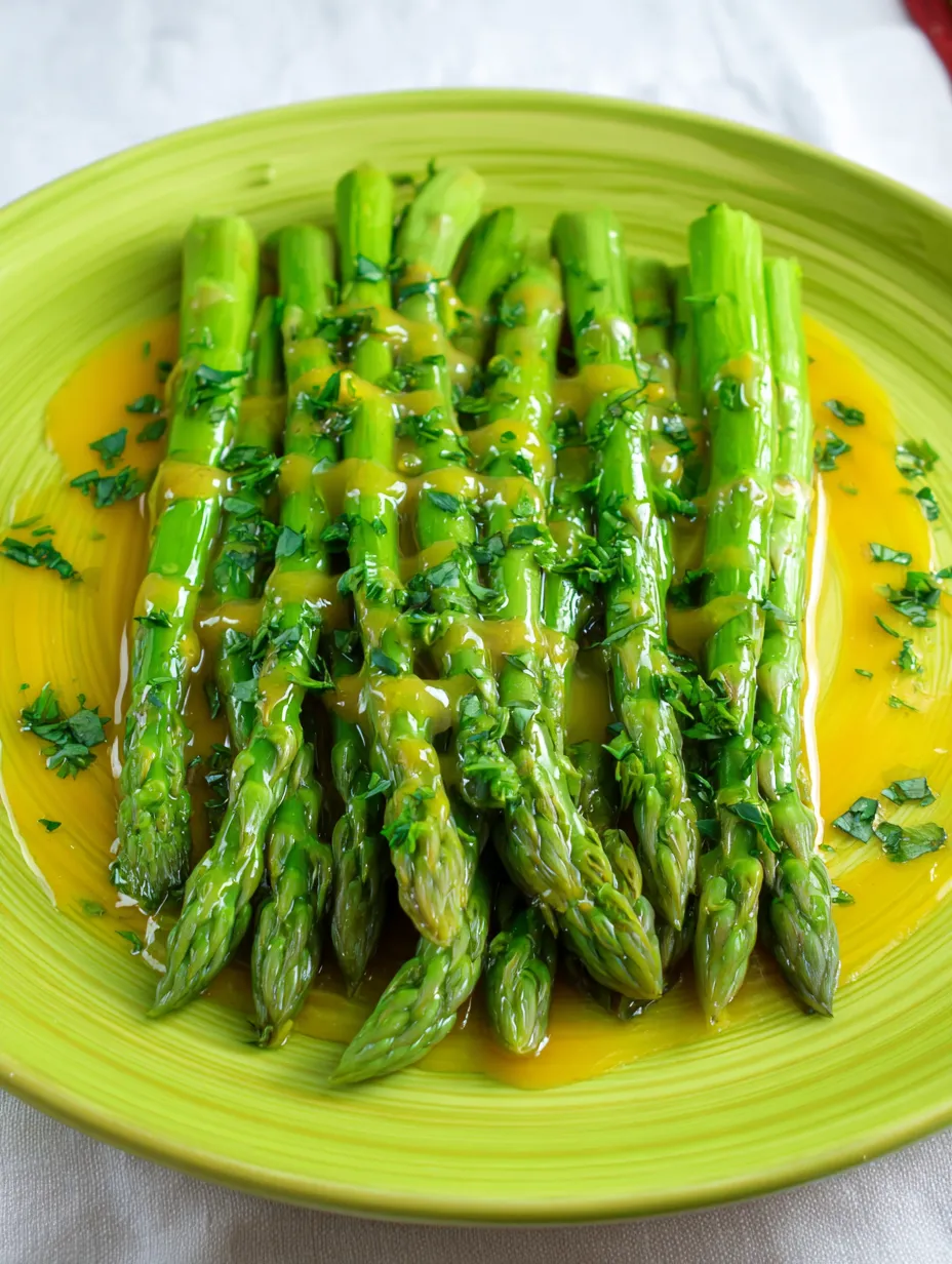 A plate of asparagus with a sauce.