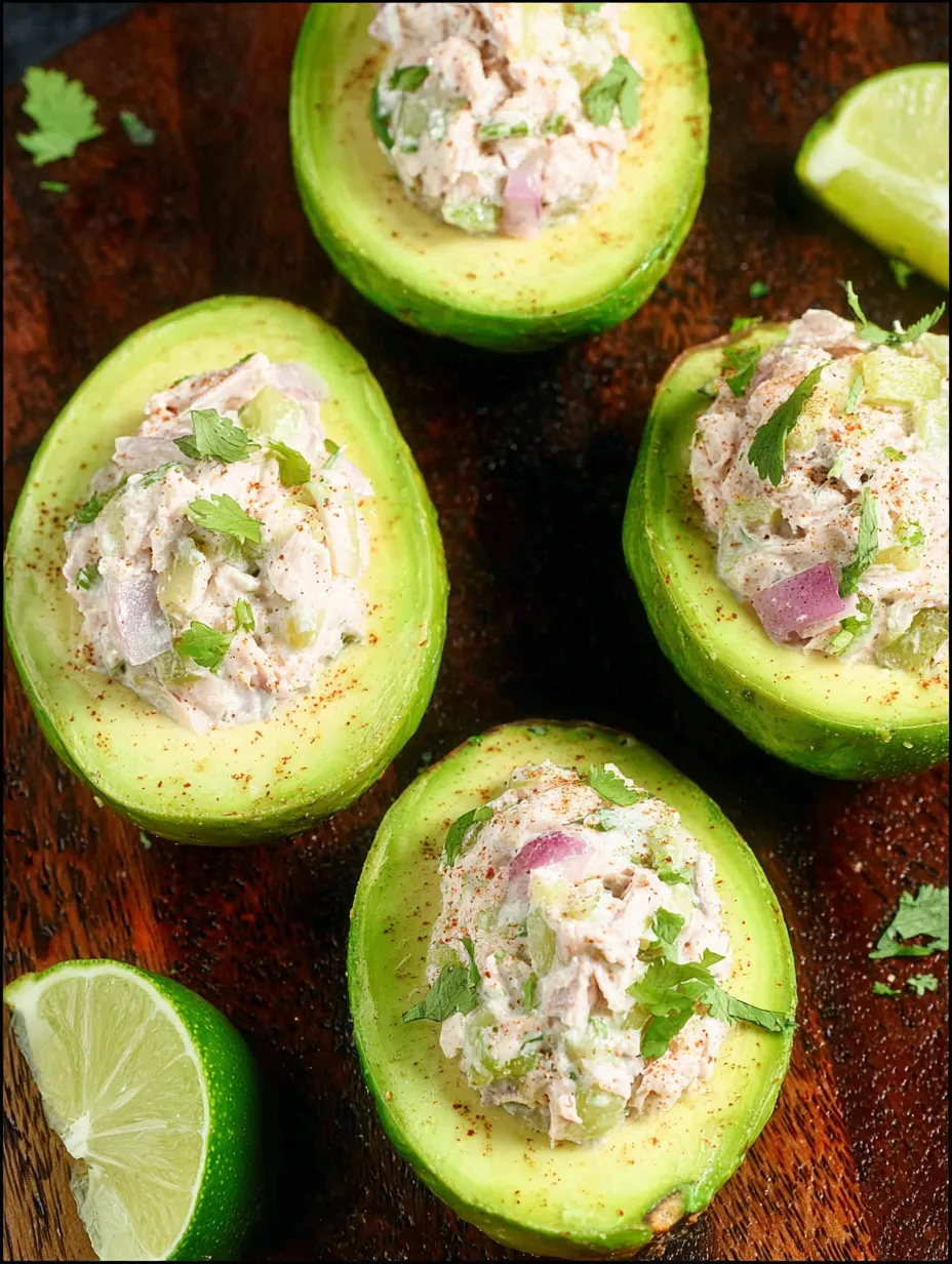 A plate of avocado with tuna salad.