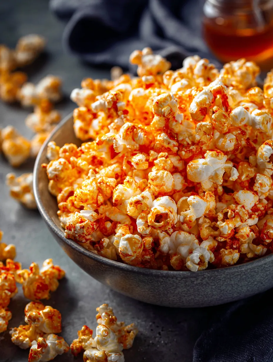 A bowl of popcorn with orange kernels.