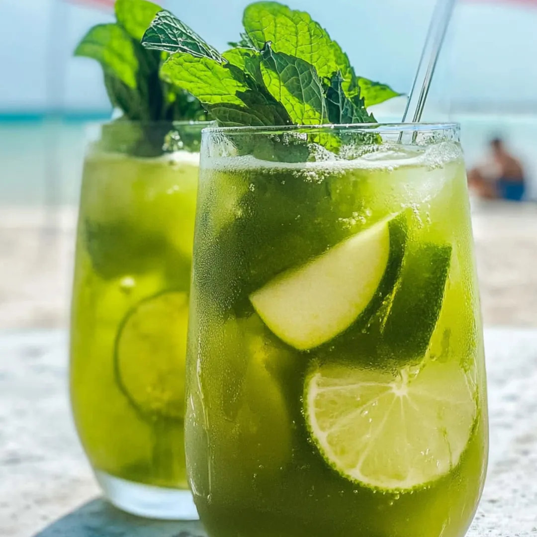 Two glasses of green drink with slices of lemon.