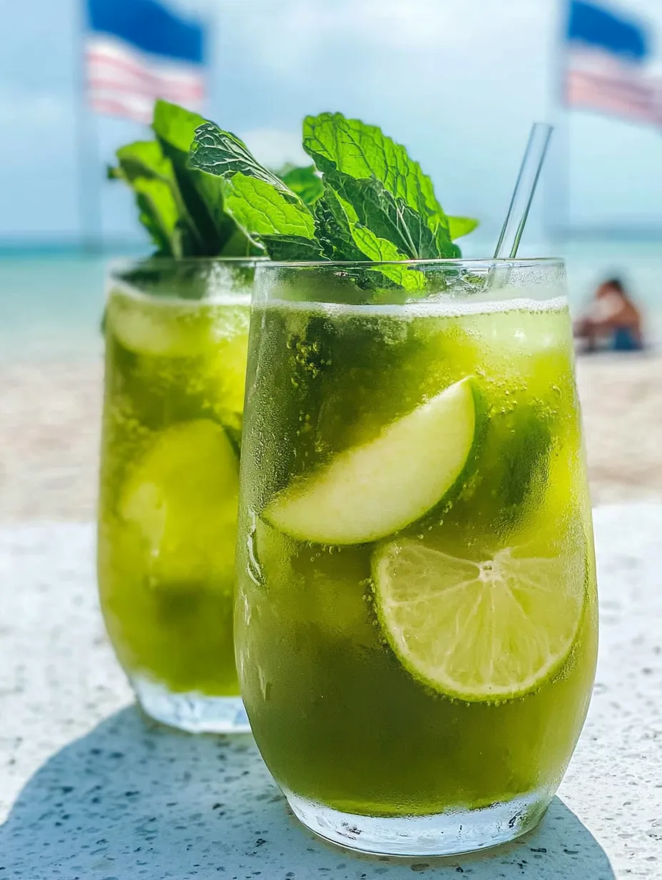 Two glasses of green drinks with lemon slices.