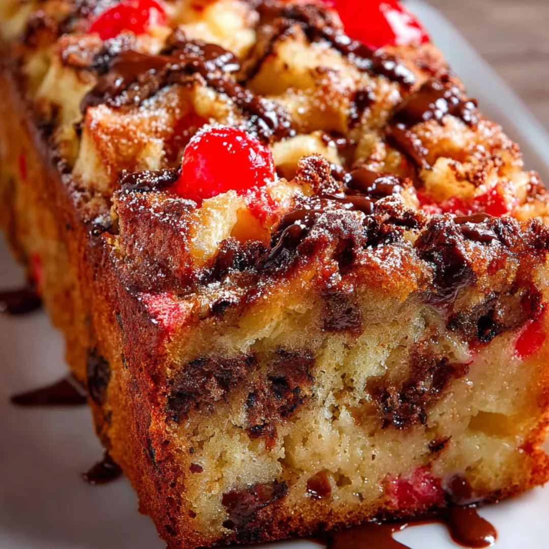 A slice of cake with chocolate and cherries.