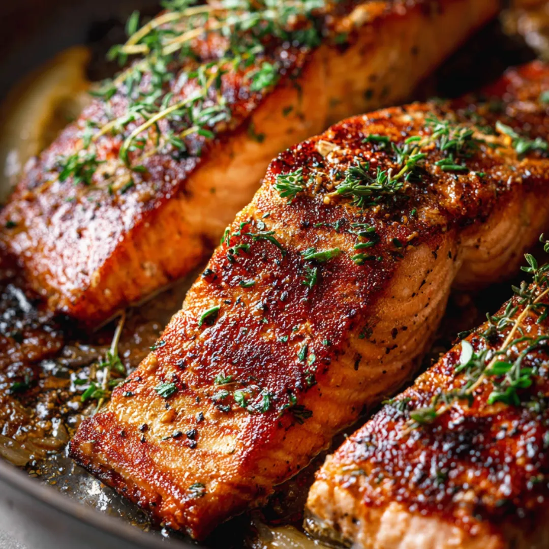 A pan of cooked salmon with herbs.