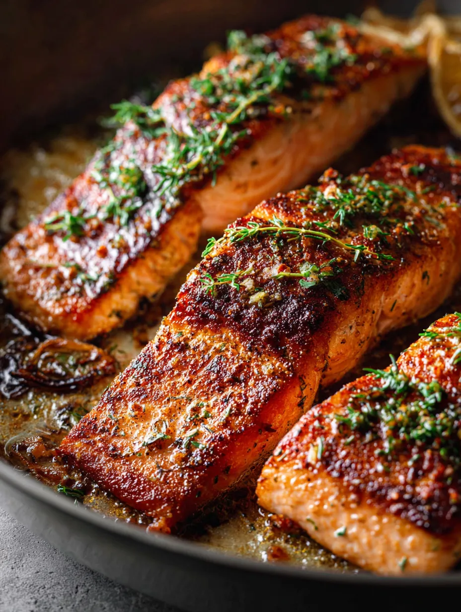 A pan of cooked salmon with herbs.
