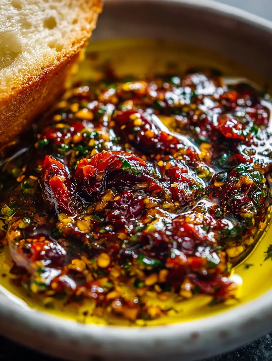 A bowl of sauce with a piece of bread.