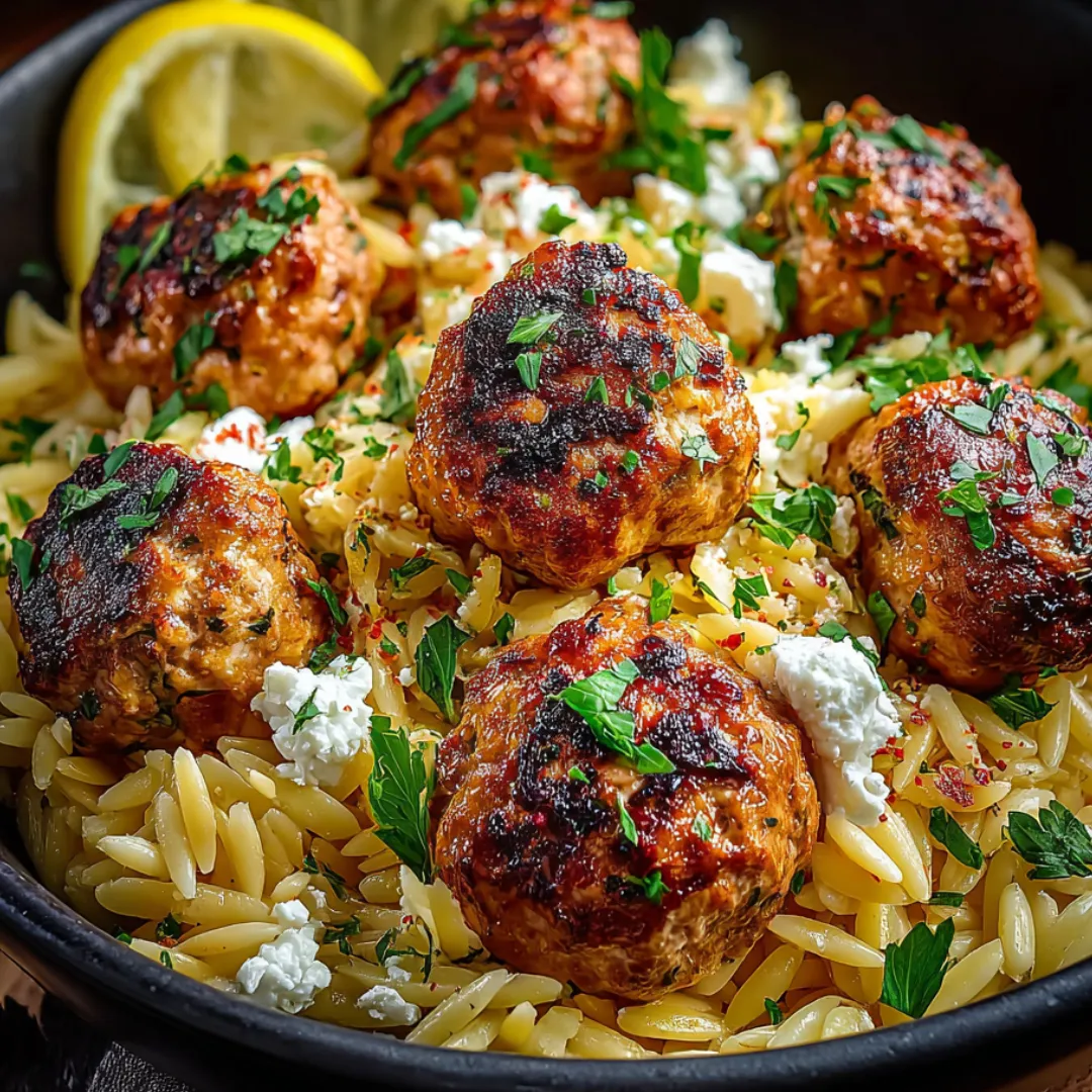 A bowl of food with meatballs and rice.