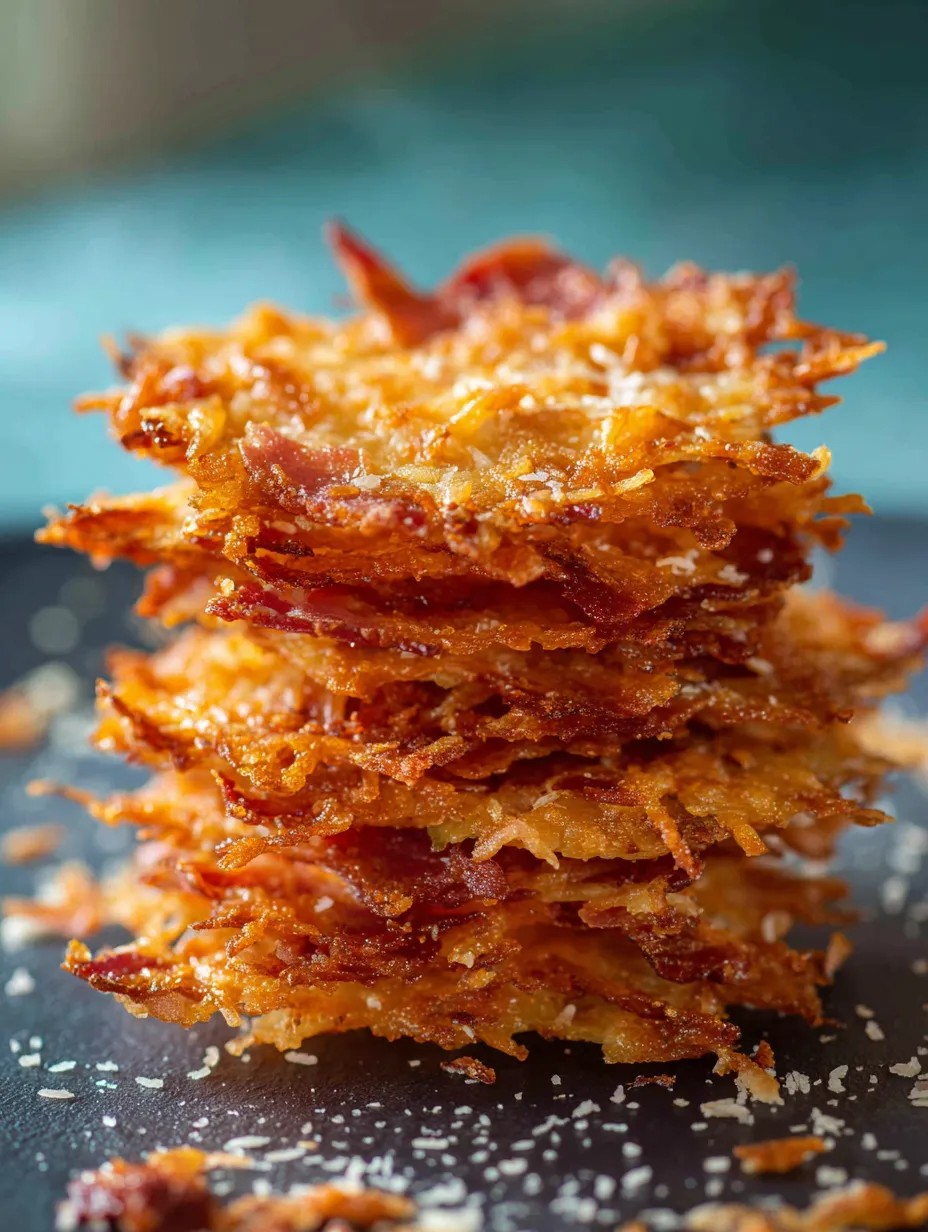 Bacon stacked on a plate.