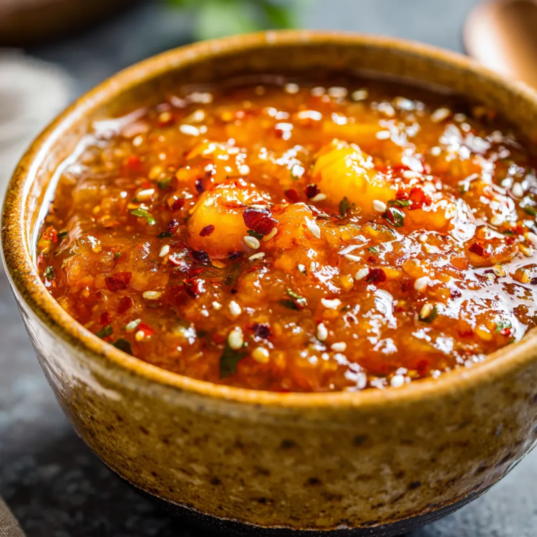 A bowl of sauce with red peppers.