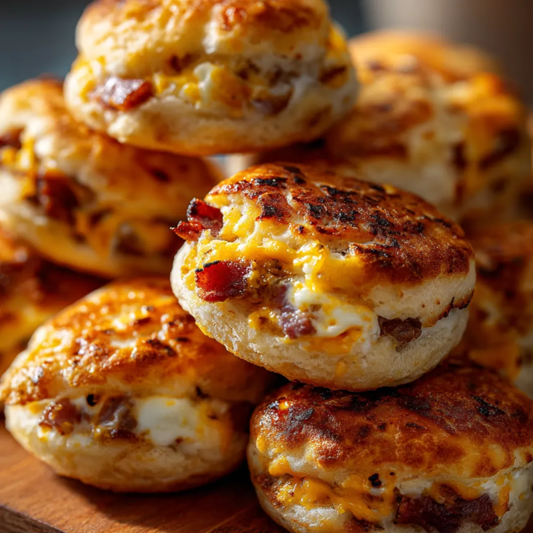 A stack of bacon and cheese biscuits.