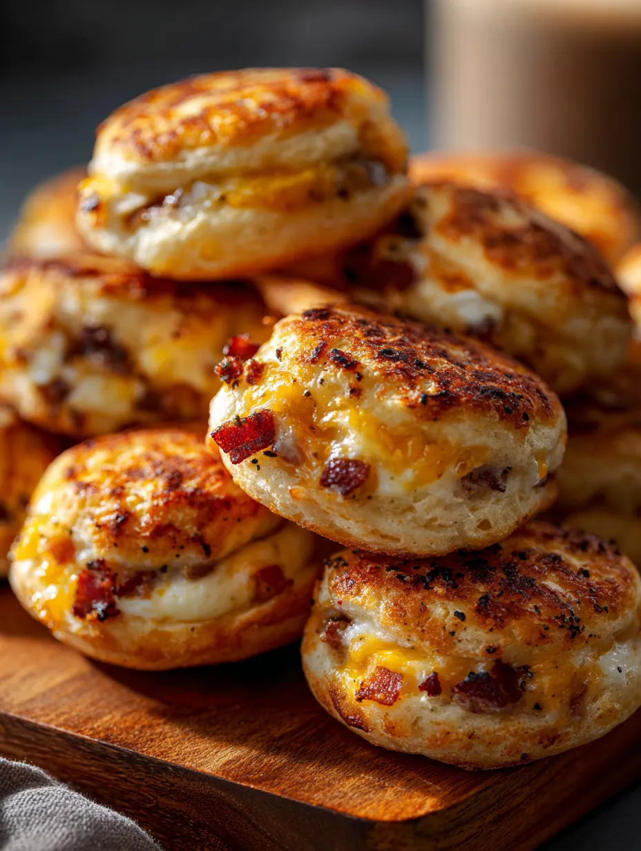 Bacon and cheese biscuits stacked on a wooden table.